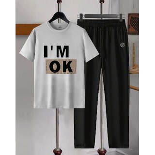 AUSK Mens Casual Printed Cotton Blend Grey & Black Summer wear Co-ords set of T-Shirt & Trakpant