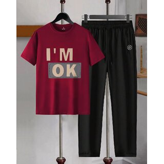 AUSK Mens Casual Printed Cotton Blend Maroon & Black Summer wear Co-ords set of T-Shirt & Trakpant