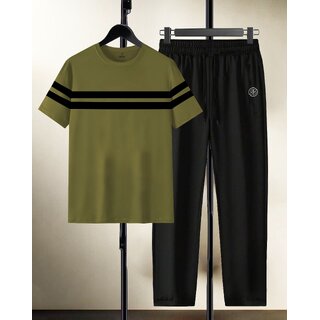 AUSK Mens Casual Striped Cotton Blend Black & Green Summer wear Co-ords set of T-Shirt & Trakpant
