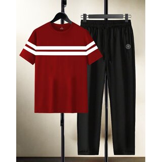 AUSK Mens Casual Striped Cotton Blend Black & Maroon Summer wear Co-ords set of T-Shirt & Trakpant