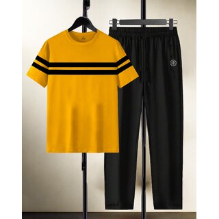 AUSK Mens Casual Striped Cotton Blend Black & Mustard Summer wear Co-ords set of T-Shirt & Trakpant