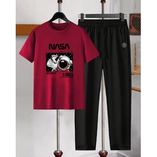 AUSK Mens Casual Printed Cotton Blend Beige & Maroon Summer wear Co-ords set of T-Shirt & Trakpant