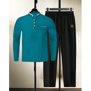 AUSK Mens Casual Striped Cotton Blend Black & Teal Blue Summer wear Co-ords set of T-Shirt & Trakpant