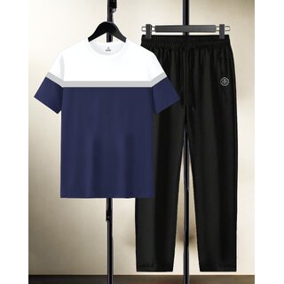 AUSK Mens Casual Striped Cotton Blend Black & Navy Blue Summer wear Co-ords set of T-Shirt & Trakpant