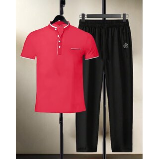 AUSK Mens Casual Striped Cotton Blend Black & Peach Summer wear Co-ords set of T-Shirt & Trakpant