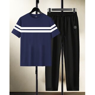 AUSK Mens Casual Striped Cotton Blend Black & Multicolor Summer wear Co-ords set of T-Shirt & Trakpant