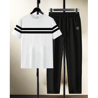 AUSK Mens Casual Striped Cotton Blend Black & White Summer wear Co-ords set of T-Shirt & Trakpant