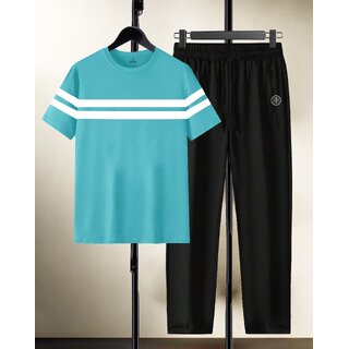 AUSK Mens Casual Striped Cotton Blend Black & Sky Blue Summer wear Co-ords set of T-Shirt & Trakpant