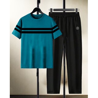 AUSK Mens Casual Striped Cotton Blend Black & Teal Blue Summer wear Co-ords set of T-Shirt & Trakpant