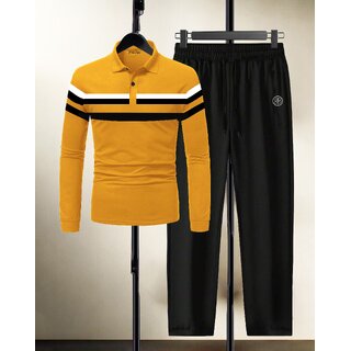 AUSK Mens Casual Striped Cotton Blend Black & Mustard Summer wear Co-ords set of T-Shirt & Trakpant
