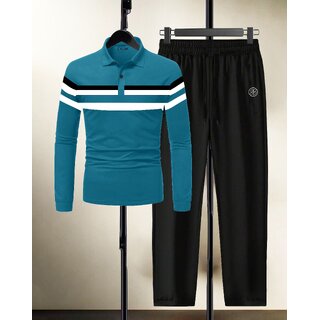 AUSK Mens Casual Striped Cotton Blend Black & Teal Blue Summer wear Co-ords set of T-Shirt & Trakpant