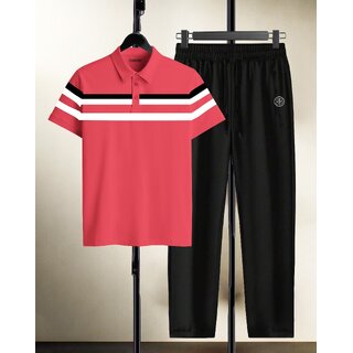 AUSK Mens Casual Striped Cotton Blend Beige & Peach Summer wear Co-ords set of T-Shirt & Trakpant