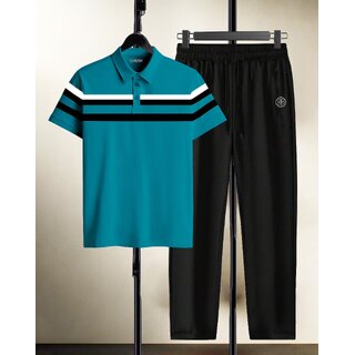 AUSK Mens Casual Striped Cotton Blend Beige & Teal Blue Summer wear Co-ords set of T-Shirt & Trakpant