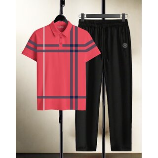 AUSK Mens Casual Striped Cotton Blend Beige & Pink Summer wear Co-ords set of T-Shirt & Trakpant