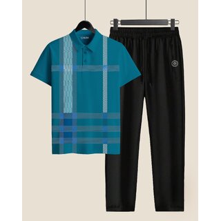 AUSK Mens Casual Printed Cotton Blend Beige & Teal Blue Summer wear Co-ords set of T-Shirt & Trakpant