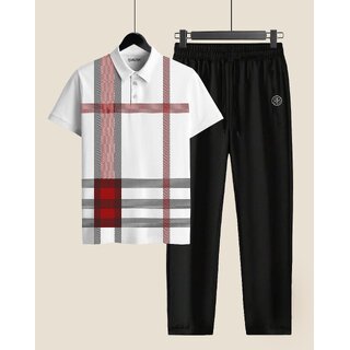AUSK Mens Casual Striped Cotton Blend Beige & Maroon Summer wear Co-ords set of T-Shirt & Trakpant