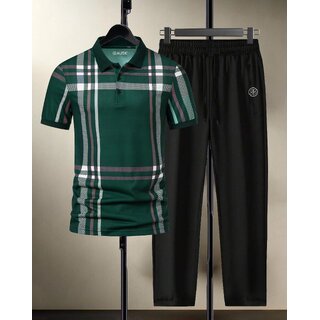 AUSK Mens Casual Striped Cotton Blend Beige & Bottle Green Summer wear Co-ords set of T-Shirt & Trakpant