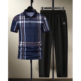 AUSK Mens Casual Printed Cotton Blend Beige & Navy Blue Summer wear Co-ords set of T-Shirt & Trakpant