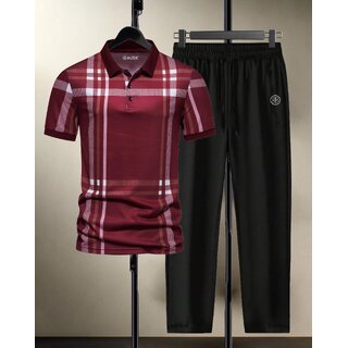 AUSK Mens Casual Striped Cotton Blend Beige & Maroon Summer wear Co-ords set of T-Shirt & Trakpant