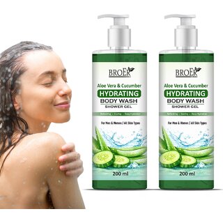 (Pack of 2) Broer Aloe Vera Cucumber Hydrating Body Wash Soft Smooth Fresh Glowing Skin Shower Gel (400 ml)