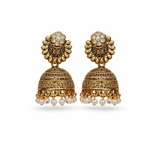 Traditional Antique Gold Jhumka Earrings with Pearl Drops for Women - Earrings | Buy online on ZillyBuy