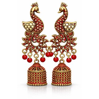 Traditional Peacock Design Red Jhumka Earrings for Women  Ethnic Party  Wedding Jewellery - Earrings | Buy online on ZillyBuy