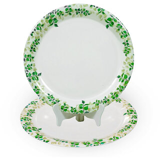 Aurka Dcor 11 Inch White & Green Melamine Dinner Plate Set of 2