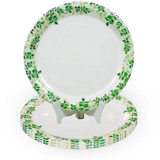 Aurka Dcor 11 Inch White & Green Melamine Dinner Plate Set of 4