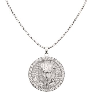 KIMTI Men Necklace (Lion Medallion Pendant Necklace, Silver)