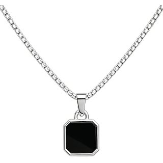 KIMTI Men Necklace (Black Square Stone Pendant Necklace, Silver)