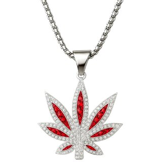 KIMTI Men Necklace (Red Leaf Crystal Pendant Necklace, Silver)