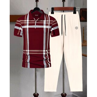 AUSK Mens Casual Printed Cotton Blend Maroon & Beige Summer wear Co-ords set of T-Shirt & Trakpant