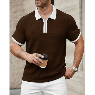 Ausk Mens Brown, White Solid Cotton Blend Polo T-Shirt