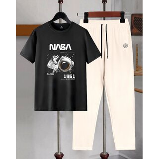 AUSK Mens Casual Printed Cotton Blend Black & Beige Summer wear Co-ords set of T-Shirt & Trakpant