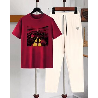 AUSK Mens Casual Graphic Print Cotton Blend Maroon & Beige Summer wear Co-ords set of T-Shirt & Trakpant