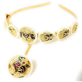 Fashion Jewellery Rajsthani Jadau Traditional Indian Mathapatti Hairband with Borla, Gold-Plated Floral Design, Enamel Work, Crystal Embellished with Leaves Motifs for women and girls - Jewellery Sets | Buy online on ZillyBuy