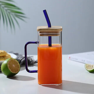ELVEN Transparent Square Shape Juice Mug Sipper Tumbler  Coffee Mug Sipper with Straw  Borosilicate Glass  400 ML