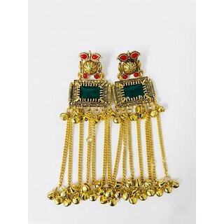 Traditional Kashmiri Jhumka Earrings for Women  Gold-Toned Finish with Green  Red Stones  Tassel Chain with Ghungroo - Earrings | Buy online on ZillyBuy