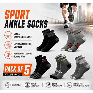 SPORT SOCKS 170526 PACK 5  Men Sports Ankle Socks Cotton Breathable Sweat Absorbent Daily Wear Socks for Men brown