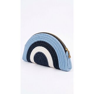 Women Woven Clutch Bag Half Moon Shape Blue White Striped Evil Eye Design Zip Closure Gold Tone Hardware Stylish Handbag