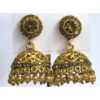 Golden Round Stone Drop Jhumka Earring - Earrings | Buy online on ZillyBuy