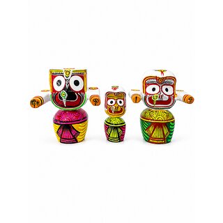 Handcrafted Wooden Jagannath Trio Idol Set, Traditional Temple Decor with Acrylic, Multicolour, 6inch