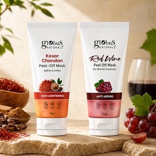 (Set of 2) Globus Naturals Skin Glow  Anti-Ageing Peel Off Mask Duo  Kesar Chandan Coffee  Green Tea Mask + Red Wine Mask  Face Care Combo  75gm Each