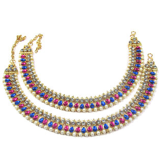 Pink and Blue Tilak Kundan Anklet - Anklets | Buy online on ZillyBuy