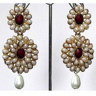 Pearl Double Flower Maroon Kundan Drop Earring - Earrings | Buy online on ZillyBuy
