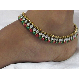Maroon Green Pearl Golden  White Stone Anklet - Anklets | Buy online on ZillyBuy