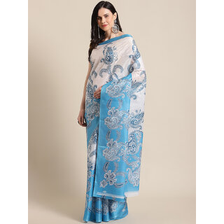 Svb Sarees Blue Taffeta Block Print Art Silk Saree Without Blouse - Sarees | Buy online on ZillyBuy