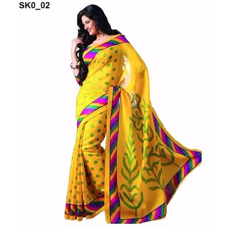 Meia Yellow Art Silk Block Print Saree With Blouse - Sarees | Buy online on ZillyBuy