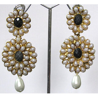 Pearl Double Flower Black Kundan Drop Earring - Earrings | Buy online on ZillyBuy