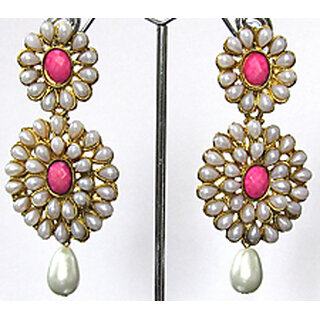 Pearl Double Flower Pink Kundan Drop Earring - Earrings | Buy online on ZillyBuy